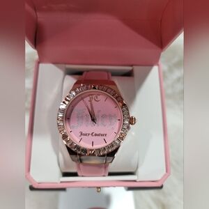 Juicy Couture Watch  Pink Face W/ Rhinestones Rose Gold Bezel Faux Leather Strap